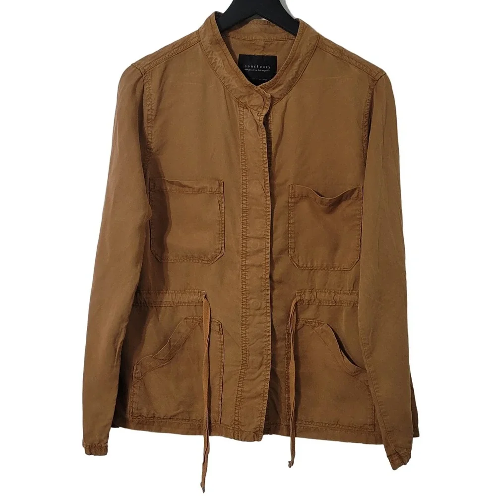 Sanctuary Jacket Size Medium Camel Tan Utility Anorak Drawstring Roll Tab Sleeve